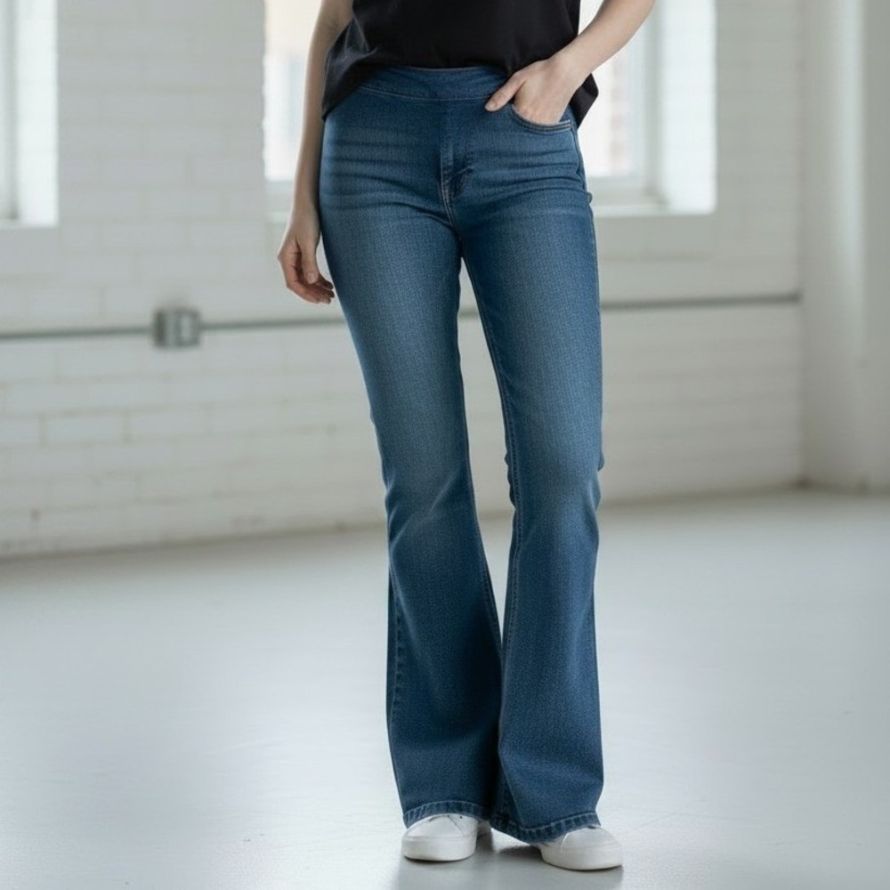 Kenneth Cole Reaction Womens Pull On Flare Jeans Medium Wash Blue Size 8